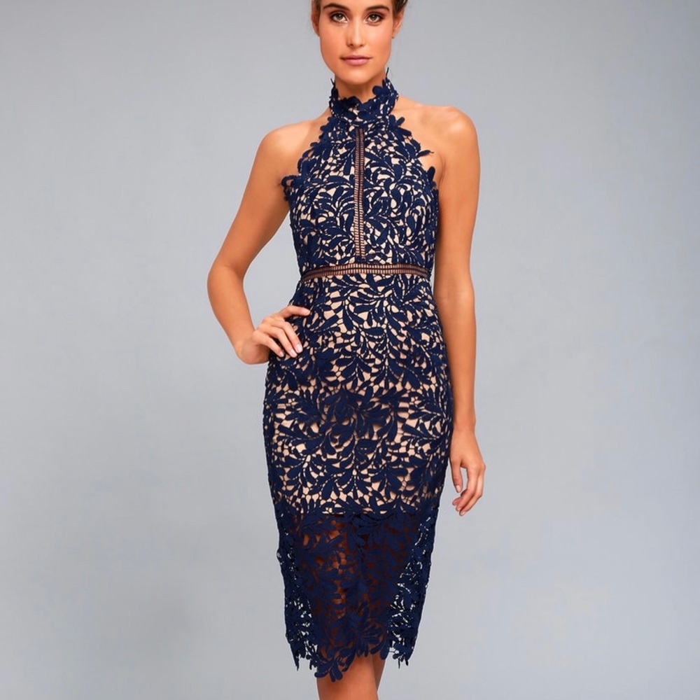 Divine Destiny Navy Blue Lace Midi Dress NWT